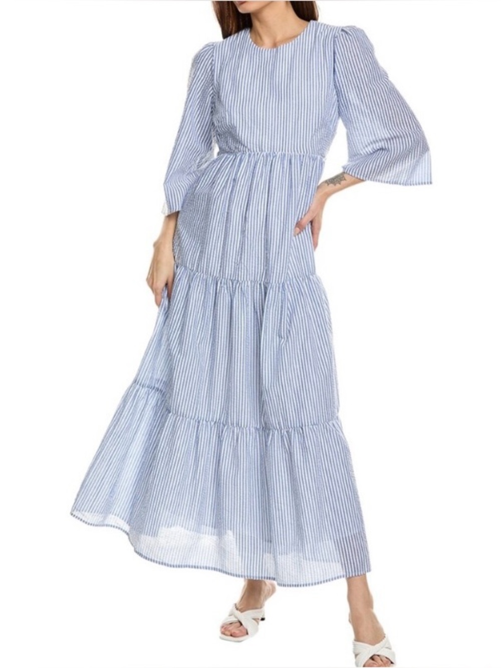 Flora Bea Blue and White Seersucker Striped Tiered Maxi Dress NWT Size S NWT
A1
